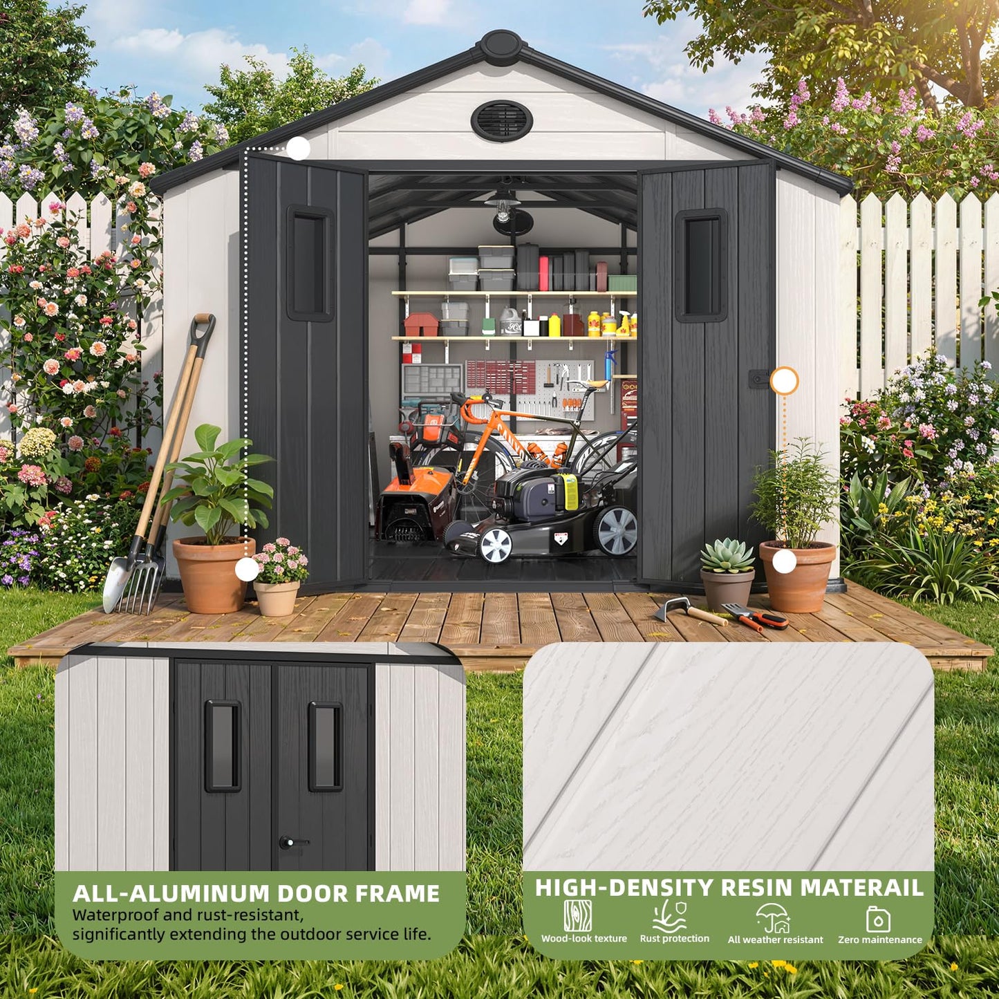 MELLCOM 10 x 10 FT Resin Outdoor Storage Shed with Floor, Outdoor Storage Tool Shed with Windows and Lockable Door, Resin Garden Shed for Lawnmower, Bike, Pool Supply