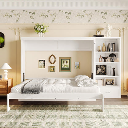 Bellemave Queen Murphy Bed with Height Adjustable Storage Compartments and Shelf, Wall Bed Frame, Murphy Cabinet with Foldable Panel, Noisy Free, for Guest Bedroom, Living Room, White