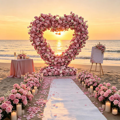 6.56x6.56ft Heart-Shaped Artificial Flower Arch Backdrop with Fabric Base, Floral Decor for Wedding Arch, Ideal for Birthday Banquets & Outdoor Party Scene Decoration (Pink, Arch Frame Not Included)