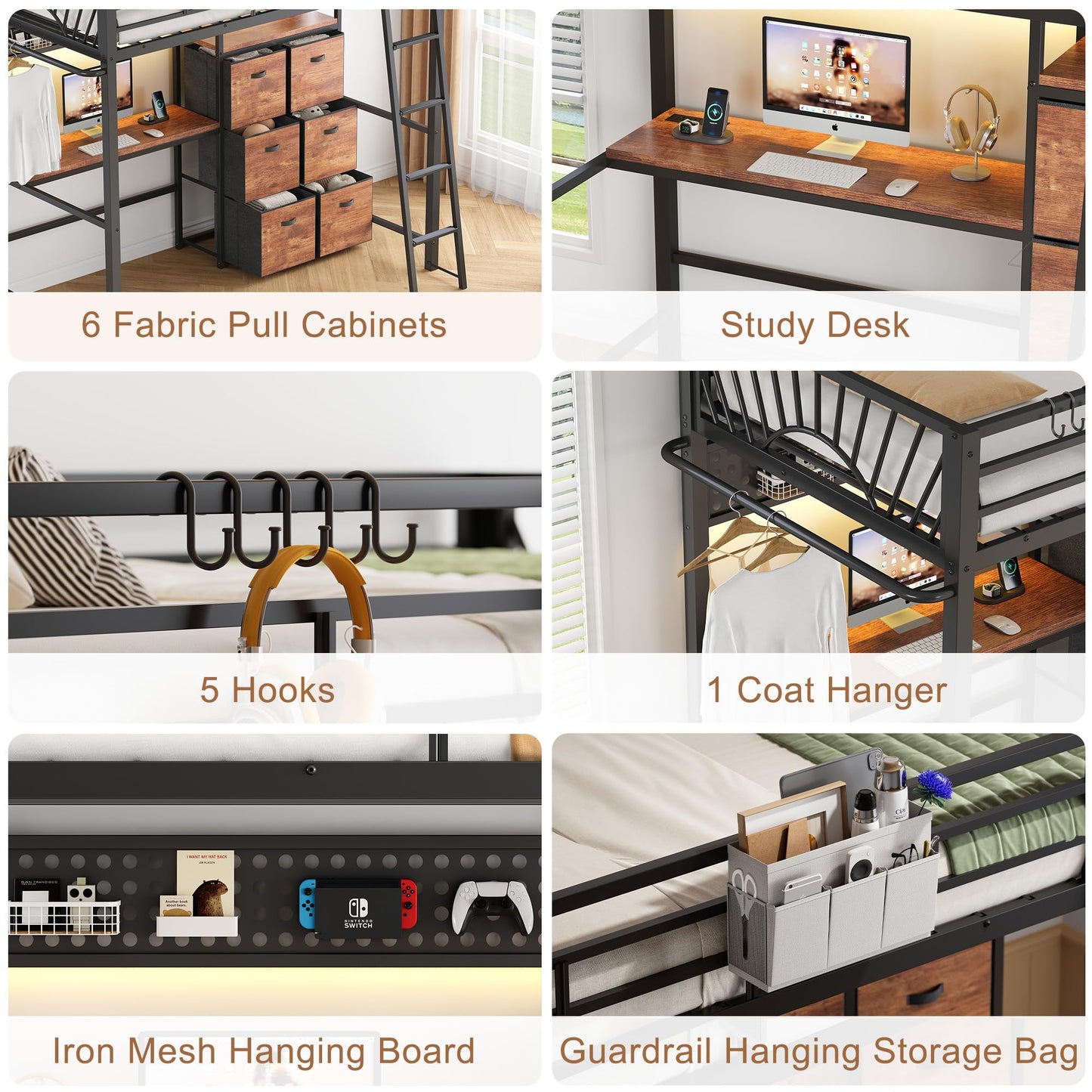 Decofy Twin Metal Loft Bed with Desk, 6 Storage Cabinet, LED Light Bunk Bed Frame Twin Size with Charging Station, No Box Spring Needed, Extra Wide Stair Treads&Safety Ladder, Hanging Rod&Guardrail