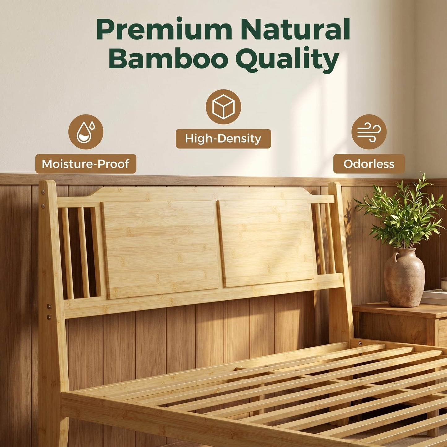 Askeld Bamboo Queen Bed Frame with Headboard, 14 inch Wood Platform Bed Frames Queen Size No Box Spring Needed, Rustic Farmhouse Heavy Duty Bedframe Noise Free, Easy Assembly