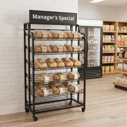 shopPOPdisplays - 39" Wide Floor Standing Display Rack with Wheels – 6 Adjustable Wire Shelves, Metal Retail Merchandising Stand with Sign Holder & Header Frame for Bakery, Grocery & Store Displays