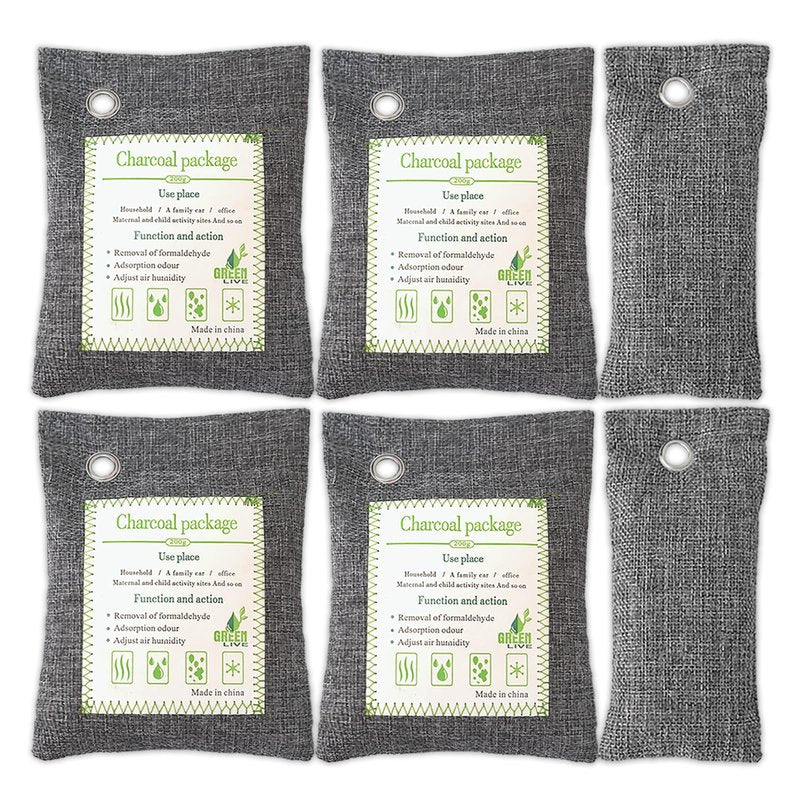 Activated Charcoal Odor Absorber (4x200g Large + 2x75g Small), Bamboo Charcoal Air Purifying Bag, Odor Deodorizer and Eliminator for Cars, Refrigerators, Shoes, Pets, Closets, and More.