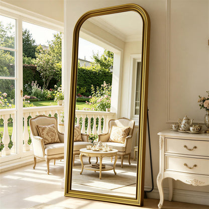 FlyEcho Full Length Mirror with Stand, 71"x32" Full Body Mirror, Floor Length Mirrors Wall Mounted with Rounded Top, Large Standing Mirrors, PU Frame, for Bedroom Living Room Cloakroom, Antique Gold
