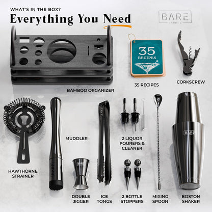 BARE BARREL® Mixology Bartender Kit Bar Set | 14-Piece Cocktail Shaker Set | Martini Barware Mixing Tools for Home Bartending | 35 Recipe Cards | Gift Set (28oz Boston Shaker, Jet Black/Black)