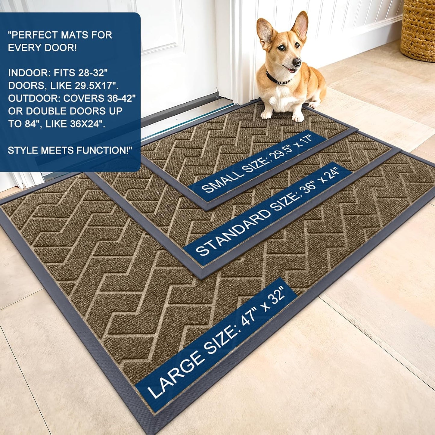 OLANLY Waterproof Front Door Mat - All-Season Indoor/Outdoor Doormat | Sturdy Natural Rubber, Herringbone Brick (Brown, 59x35)