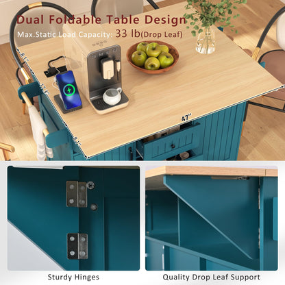 Ball & Cast Large Green Rectangular Kitchen Island with 2 Drop Leaf, 3 Drawers, 2 Doors, Folding Storage Dining Table, Spice & Towel Rack, Power Outlet & USB Port, 5 Wheels, 55.7"W x 34"D x 36.5"H
