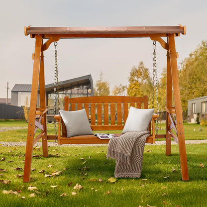 VINGLI Porch Swing with Stand, Porch Swing with Canopy, Waterproof Patio Swing with Cup Holder, Outdoor Swing Set for Garden, Yard, Patio, Teak