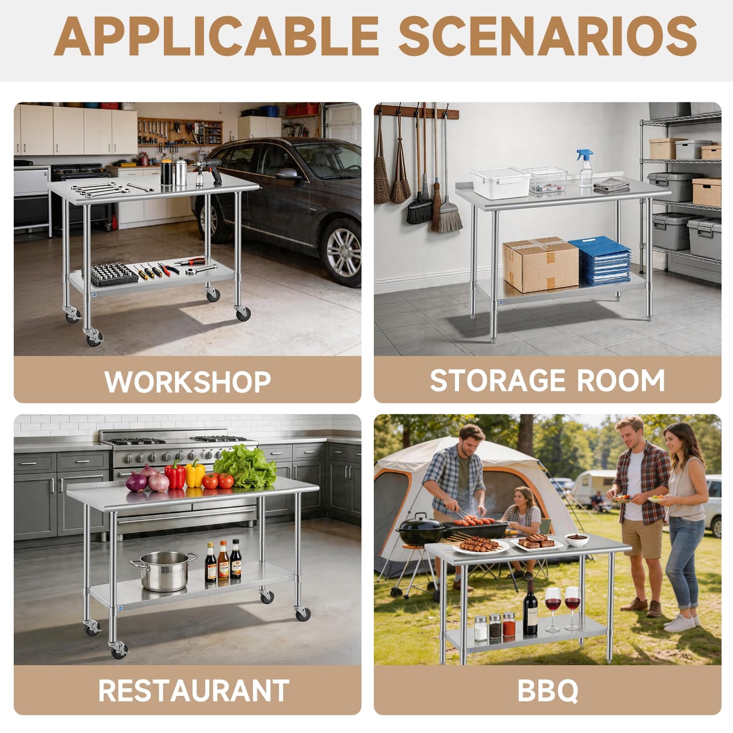 ROCKPOINT All Stainless Steel Perp Table with Backsplash 24x72 Inch, Commercial Heavy Duty Table with Stainless Legs & Adjustable Undershelf, 890 lb Capacity for Restaurant,Home and Outdoor Kitchens