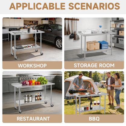 ROCKPOINT All Stainless Steel Perp Table with Backsplash 24x72 Inch, Commercial Heavy Duty Table with Stainless Legs & Adjustable Undershelf, 890 lb Capacity for Restaurant,Home and Outdoor Kitchens