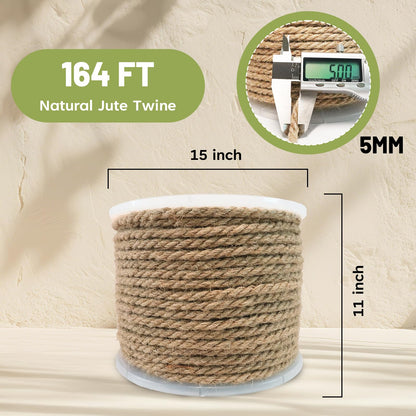 SDHUATUO Jute Twine Rope 5mm x 164ft, Natural Hemp String for Gardening, Crafting, Cat Scratching Post, DIY Crafts, Bundling, Home Decor
