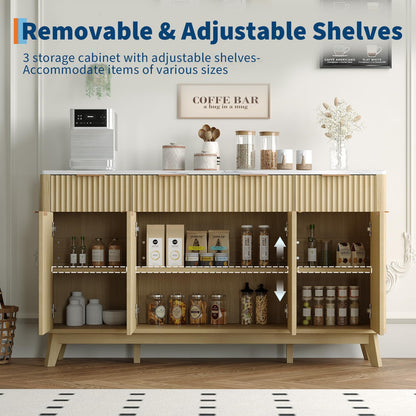 IDEALHOUSE 60" Large Farmhouse Sideboard Buffet Cabinet with Storage Drawers & Adjustable Shelves, Wood Fluted Buffet Storage Cabinet & Coffee Bar Console Table for Living Room & Kitchen Dining Room