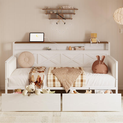 IRONCK Twin Size Daybed with Storage Drawers, Sturdy Metal Bed Frame with X-Shaped Headboard and Charging Station, Upholstered Farmhouse Daybed for Living Room, Bedroom, and Guest Room, White/Walnut