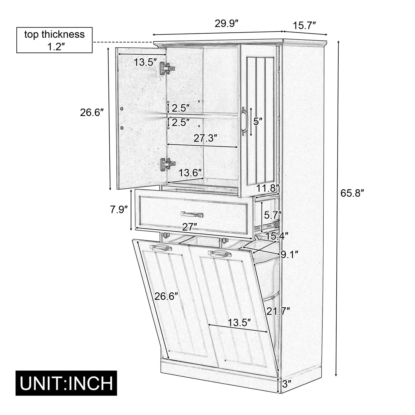 Virubi Tall Tilt Out Laundry Cabinet with 2 Tilt Out Laundry Hamper, Wood Bathroom Storage Cabinet with Doors,Drawers and Adjustable Shelves Freestanding (Black)
