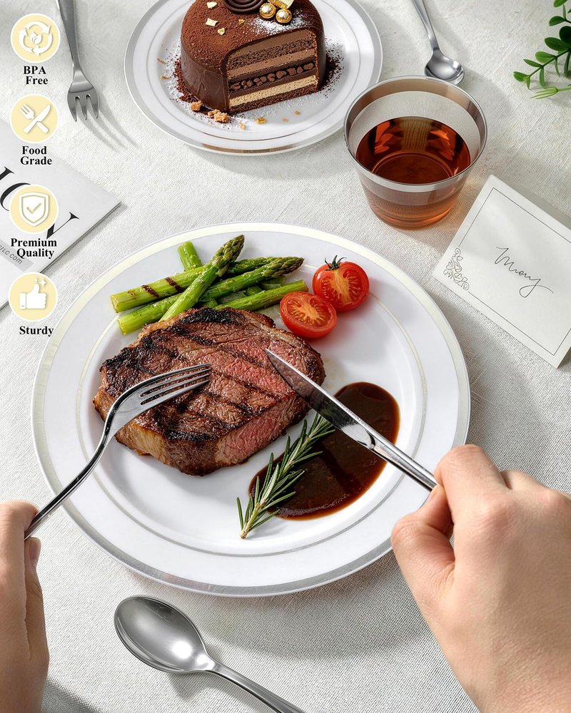 Goodluck 400PCS Elegant Silver Disposable Plastic Dinnerware Set for 40 Guests, Include: 80 Plates, 40 Place Cards, 40 Cups, 80 Spoons, 80 Forks, 40 Knives, 40 Napkins for Weddings/Parties/Graduation