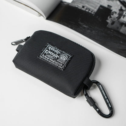 Rough Enough Small Coin Purse Card Wallet Keychain Pouch for Men Women with Zipper Neck Lanyard Black Cordura Water Repellent