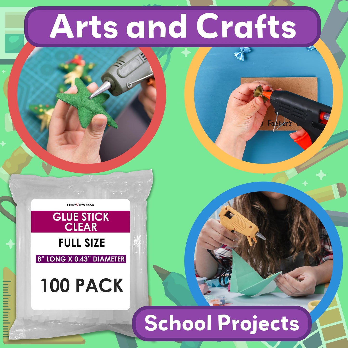 Innovative Haus Full Size Hot Glue Sticks Bulk 100 Pack - Fits Full Size Glue Guns, 8" x 0.43" - Craft, Bond, Create on Wood, Metal, Glass and More - Clear Large Stick