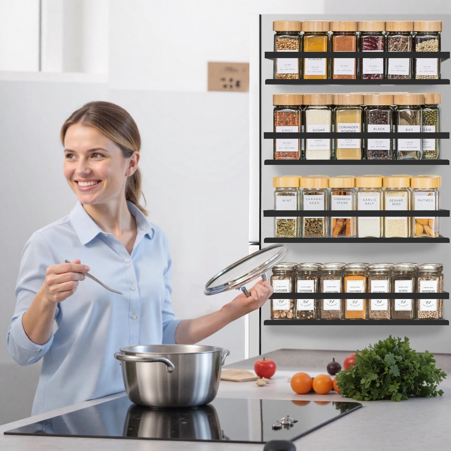 SMRCAD Magnetic Spice Rack for Refrigerator, 4pack Magnetic Shelf for Fridge Space Saving Seasoning Organizer for Any Metal Surface No Drilling Needed (BLACK -cut out, 4pack)