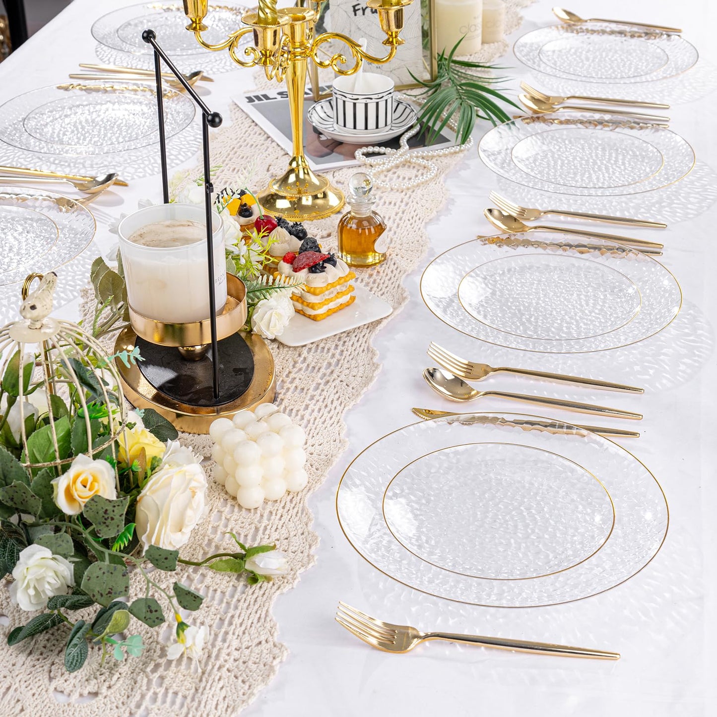 Rubtlamp 60Pcs Clear Plastic Plates,Clear Disposable Plates With Gold Rim,Heavy-duty Gold Plates,Hammered Party Plates Include 30Clear Dessert-Platos,30Dinner-Platos for Wedding, Party