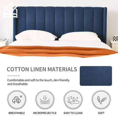 YUHUASHI upholstered Platform Bed Frame/Full Bed Frame/Modern Geometric Double-Wing Design headboard/Linen Fabric/Easy to Assemble no Noise (Navy Blue, Full)