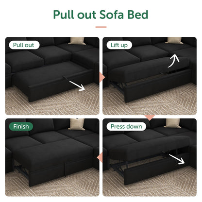 HONBAY Sleeper Sectional Couch with Pull Out Bed, Velvet Modular Sofa with Storage, U Shaped Sectional Couches for Living Room, Black