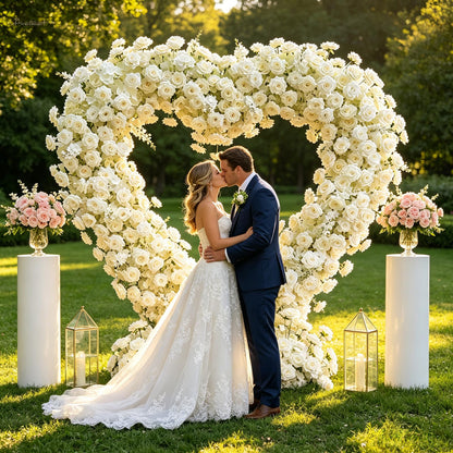 6.56×6.56ft Heart-Shaped Artificial Flower Arch Backdrop with Fabric Base, Floral Decor for Wedding Arch, Ideal for Birthday Banquets & Outdoor Party Scene Decoration (White, Arch Frame Not Included)