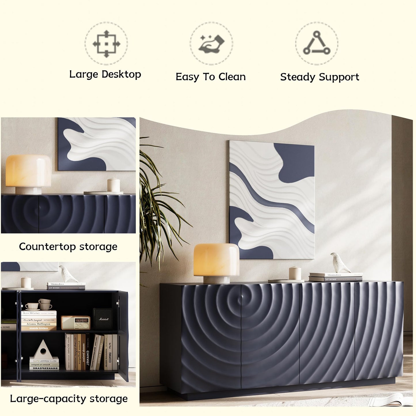 GDFStudio 59" Modern Buffet Sideboard Cabinet, Artistic 3D Texture Storage Cabinet with 4 Doors, Freestanding Credenza Buffet for Living Room Dining Room Kitchen Large Countertop Coffee Bar, Navy Blue