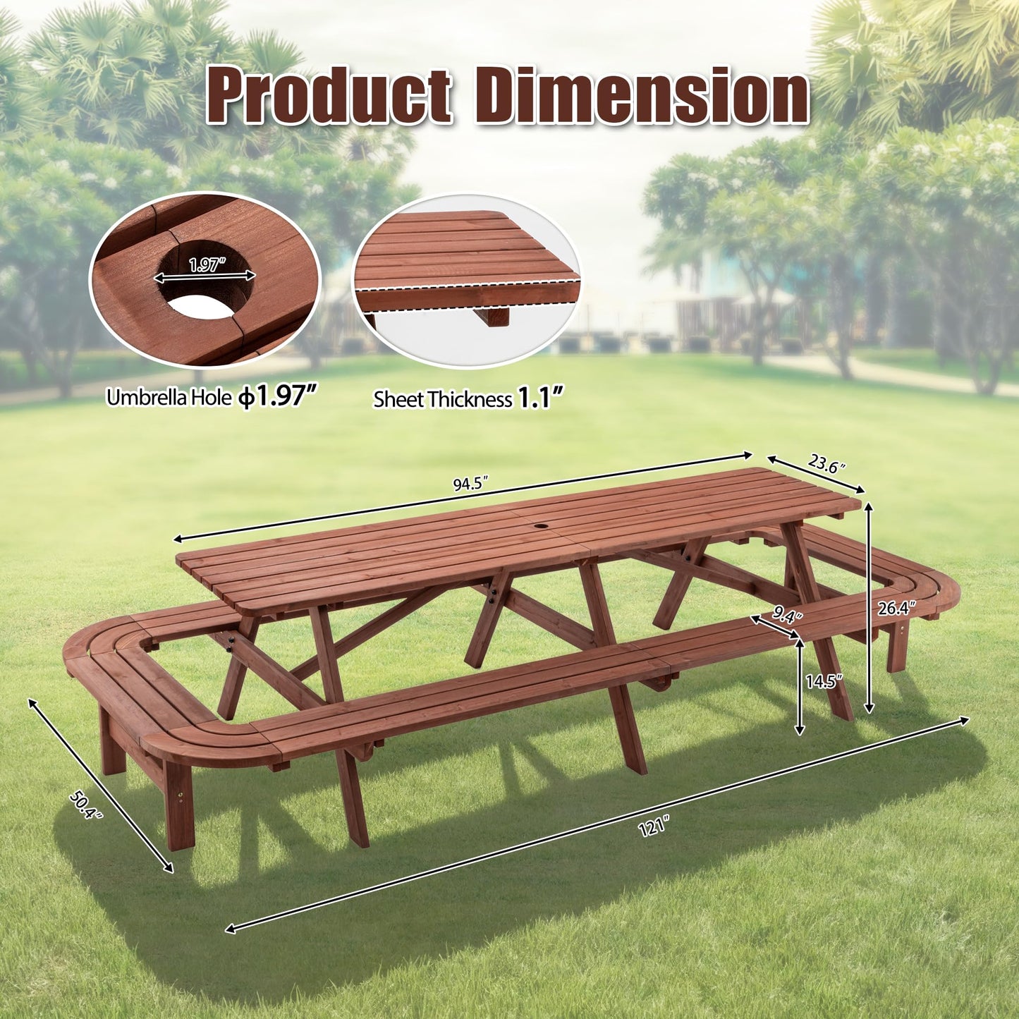 Voryvans 16 Person Wood Picnic Table with Attached Benches & Umbrella Hole,Rectangle Brown Outdoor Wooden Dining Table & Chairs for Patio Yard Garden Porch Deck