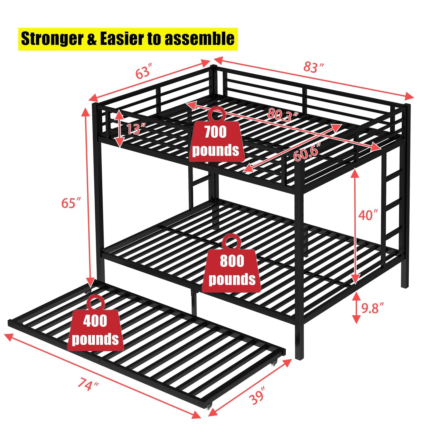TIHWOALL Upgraded & Stronger Heavy Duty Metal Queen over Queen Bunk Bed with Twin Size Trundle, More Stable Safer Thickened Bunkbeds (Greater Weight Capacity) (Queen over Queen Bunk with Twin Trundle)