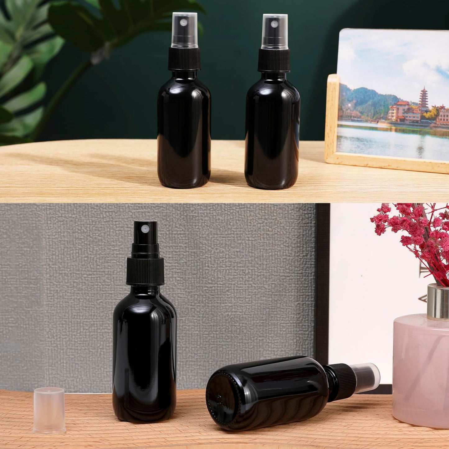 NOOEEISS Black Glass Small Spray Bottle 2 oz 24 Packs,Fine Mist Sprayer Small Clear Bottles,Refillable Containers mini spray bottles for Cleaning Solutions and Skin Care (Black 24pcs)