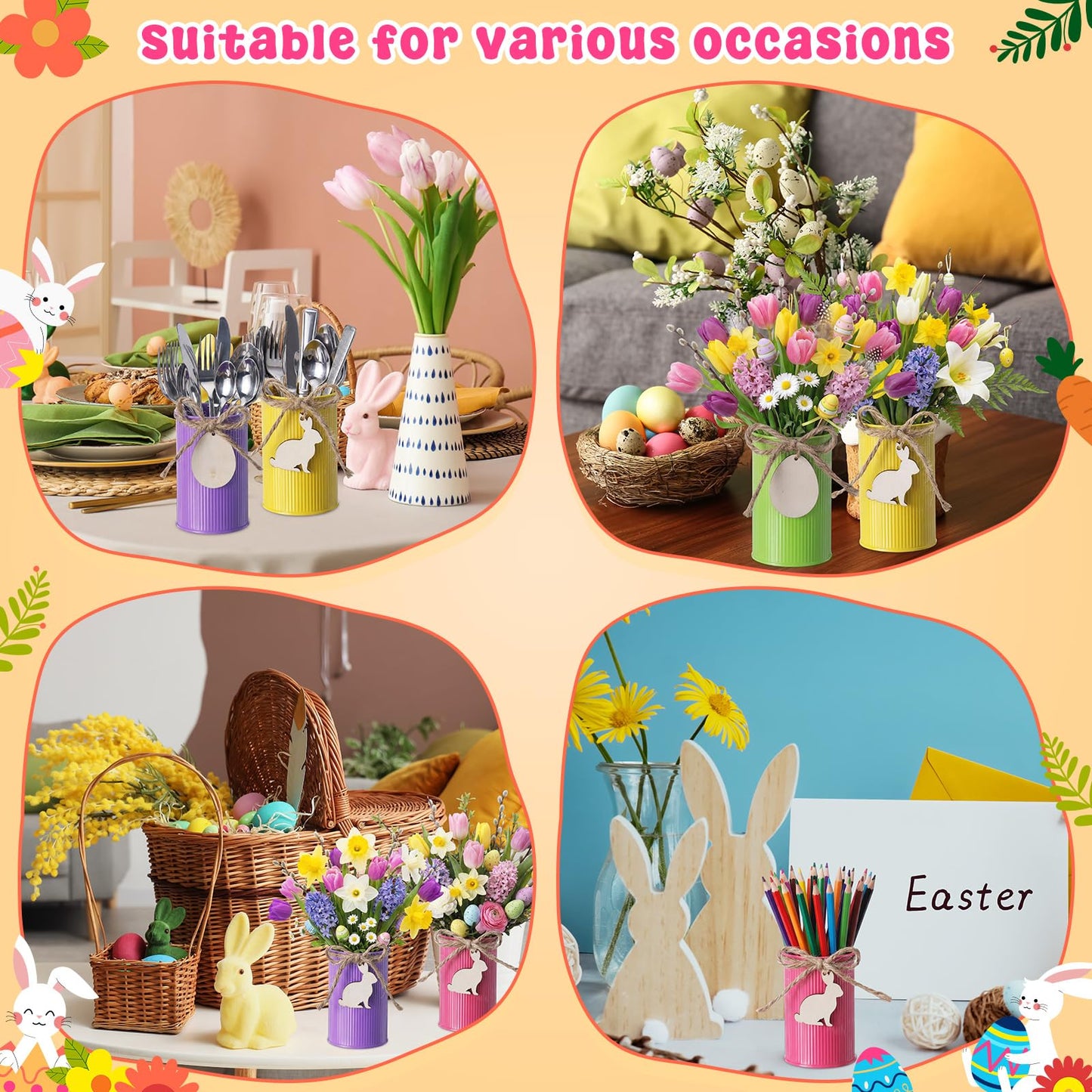 Ferrochef 8 Set Farmhouse Vase Decor with Wooden Cutouts Metal Pots with Blank Unfinished Wood Ornaments Rustic Table Centerpiece Craft for Spring Home Party