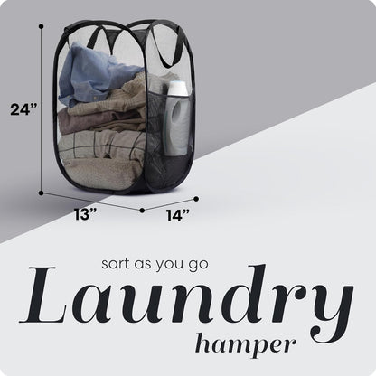 Handy Laundry Collapsible Mesh Pop Up Hamper, Wide Opening with Side Pocket - Sturdy, Foldable Design (Black | 2-Pack)