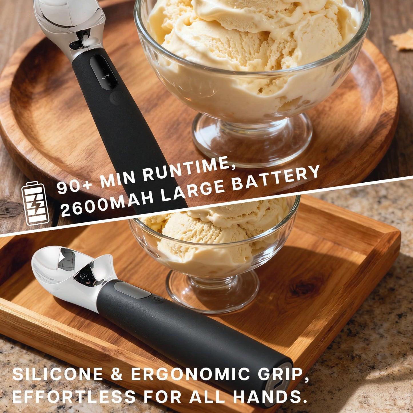 VRAIKO Heated Ice Cream Scoop | Electric Icecream Scooper with 3-Level Adjustable Heats - 120/140/160℉, LED Display, 2600mAh Capacity, Rechargeable | for Hard Ice Cream and More (Black)