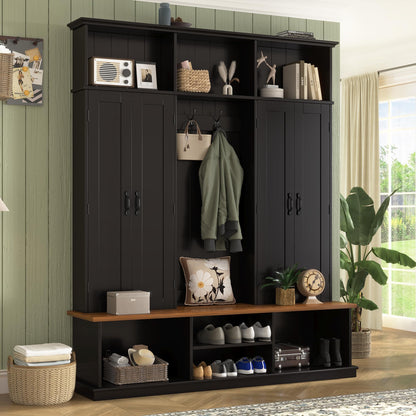 SYMCAVE Hall Tree with Bench and Shoe Storage,Shoe and Coat Rack with Drawer and Hooks,Farmhouse Furniture for Entryway,Mudroom,Living Room,Black (Black, 62.2" W)