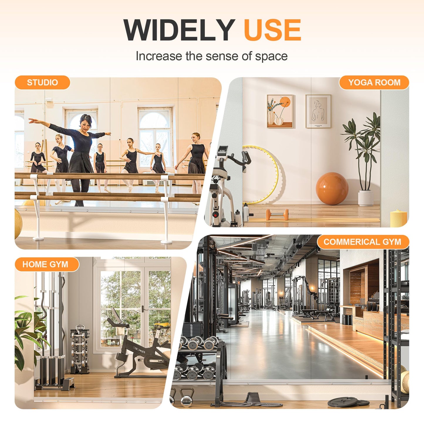 Hasipu Home Gym Mirror, 72"x36" Each, 1-Pack Frameless Wall Mounted Mirrors with Glass Clamps & 1 Aluminum Rail, Large Body Mirror for Home Gym, Yoga Studio, Bedroom, Silver Tempered Glass
