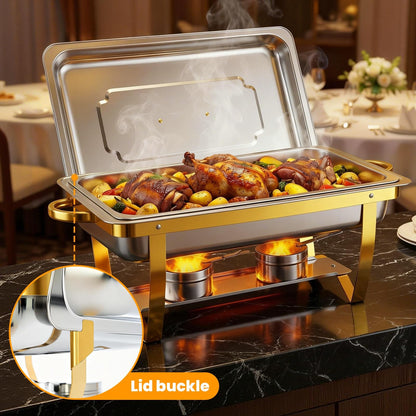 POWERFUEL Chafing Dishes for Buffet, 4 Pack 9QT Large Full Size Gold Chafing Dish Set, Rectangular Chafing Pans with 4 Gold Tongs, Stainless Steel Food Warmer for Party, Catering, Wedding