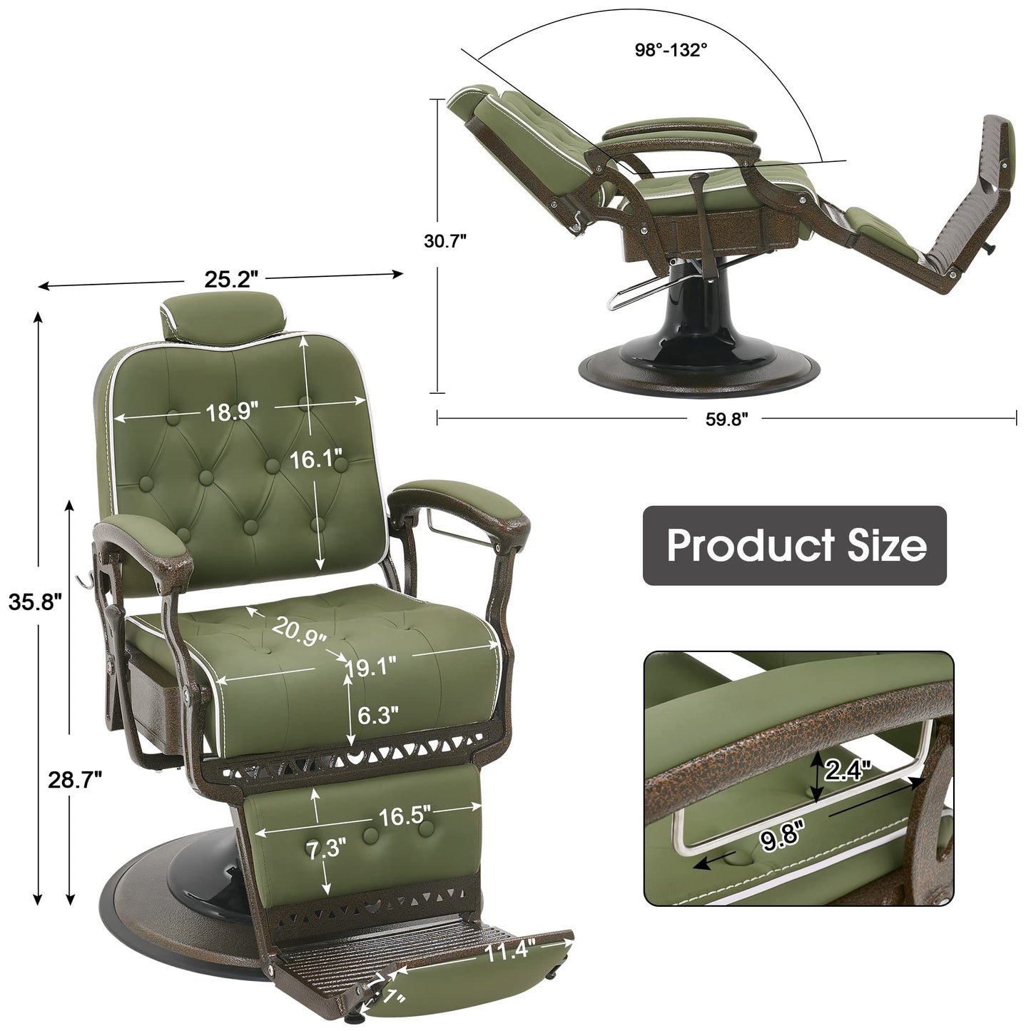 BarberPub Heavy Duty Metal Vintage Barber Chair All Purpose Reclining Hydraulic Pump Salon Beauty Spa Chair Hair Styling Equipment 9218 (Green)