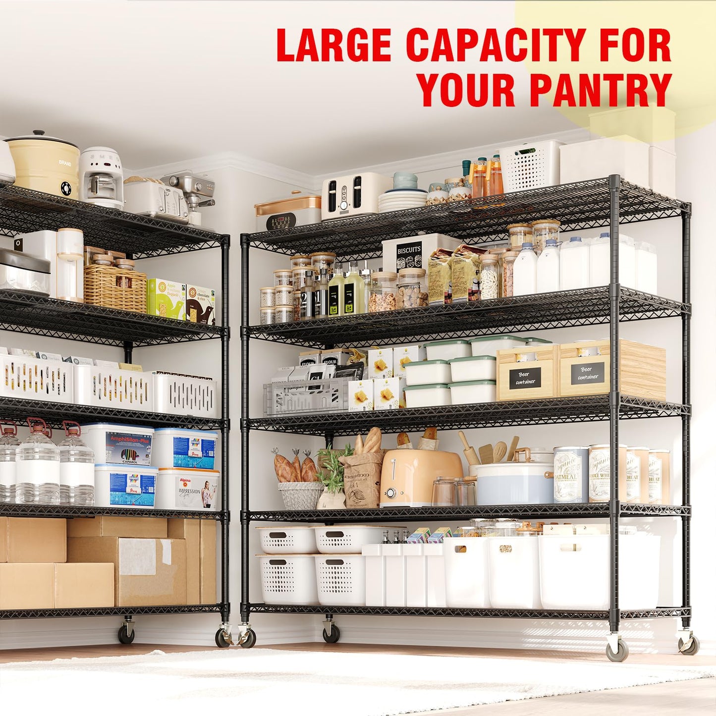 GAOMON 59" W Storage Shelves 82.6" H Heavy Duty Garage Shelving Units with Wheels, 5-Tiers Wire Shelving Rack Metal Storage Shelves for Garage Pantry Kitchen Commercial Industrial, 3300LBS Capacity