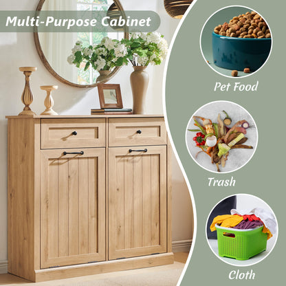 IFGET Double Tilt Out Trash Cabinet, 20 Gallon Farmhouse Laundry Hamper Cabinet with 2 Drawers, Hidden Wooden Trash Can Cabinets with Storage Basket for Kitchen, Living Room (Natural)
