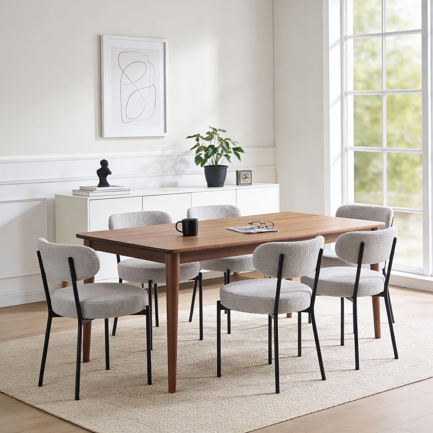 DUMOS Dining Chairs Set of 6, Mid Century Modern Chair Round Upholstered Curved Backrest, Kitchen Vanity Living Room Chairs with Black Metal Legs，Light Grey