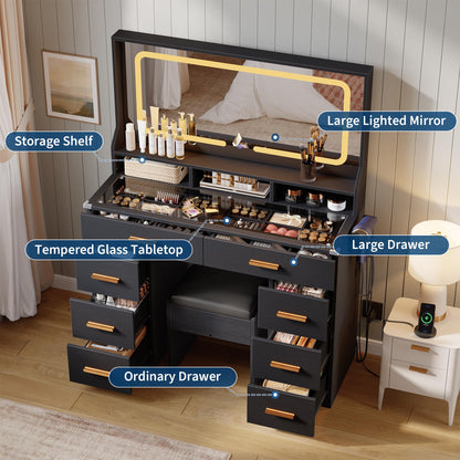 GarveeHome Makeup Vanity Desk with LED Mirror & Charging Station, 42" Dressing Table with Cushioned Stool, Glass Top & 8 Drawers & Hairdryer Rack, for Modern Bedroom Dressing Room, Black