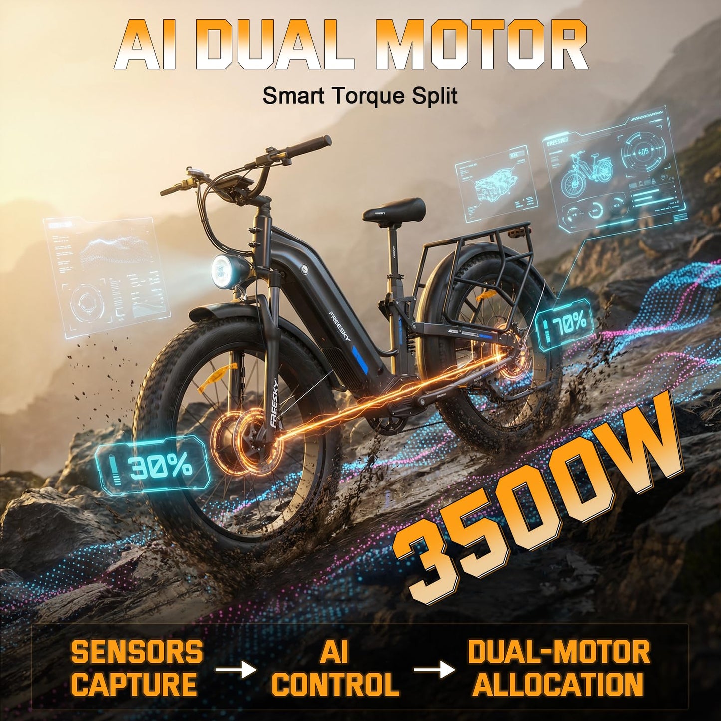 FREESKY Dual Motor Electric Bike for Adults 3500W Fast Ebike 105Miles Long Range 48V 25A Electric Mountain Bike 34MPH Dirt E Bike 26'' Fat Tire Full Suspension Green