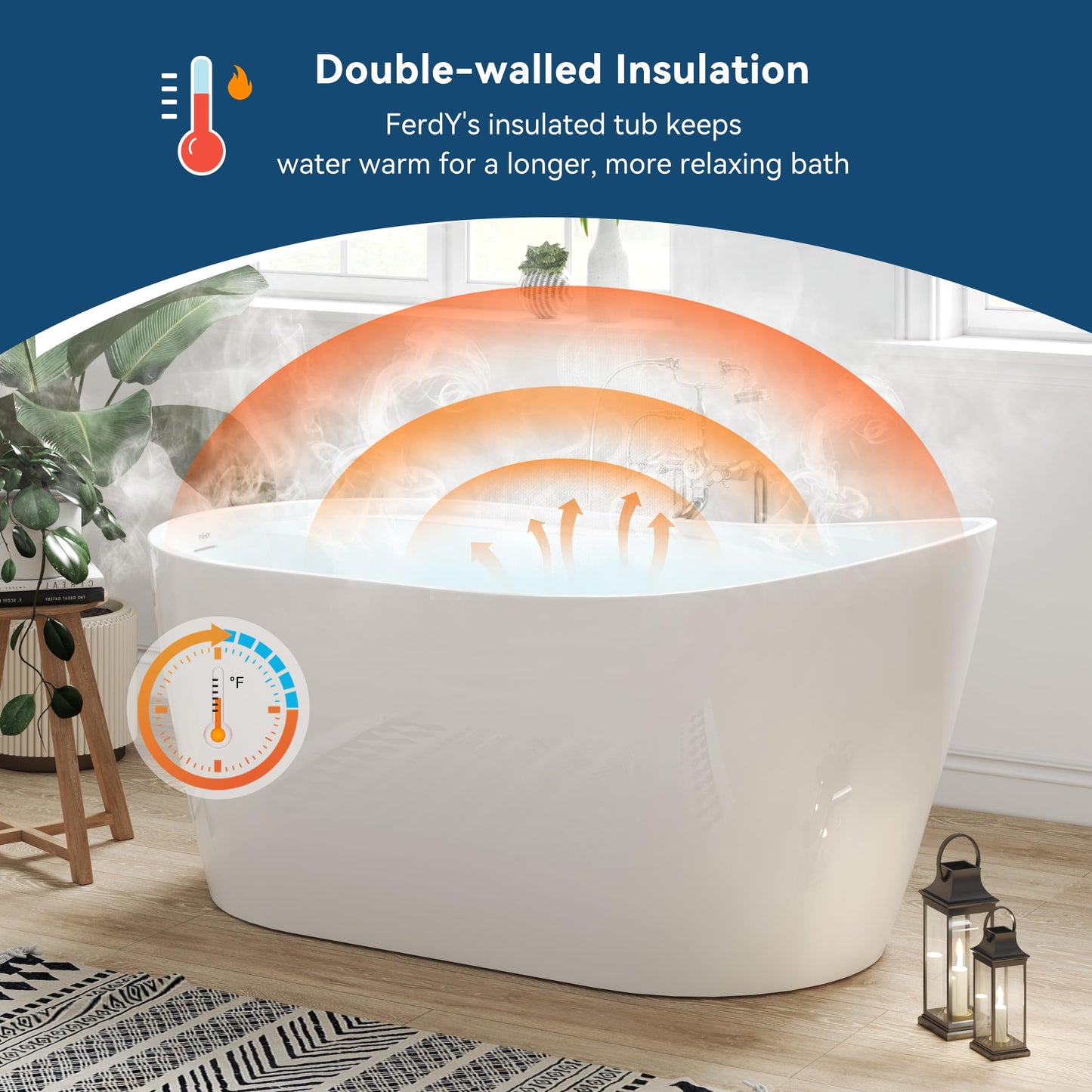 FerdY Lana'i 60" Freestanding Bathtub, Gracefully Shaped Freestanding Soaking tub, Glossy White, cUPC Certified, Brushed Nickel Drain Assembly