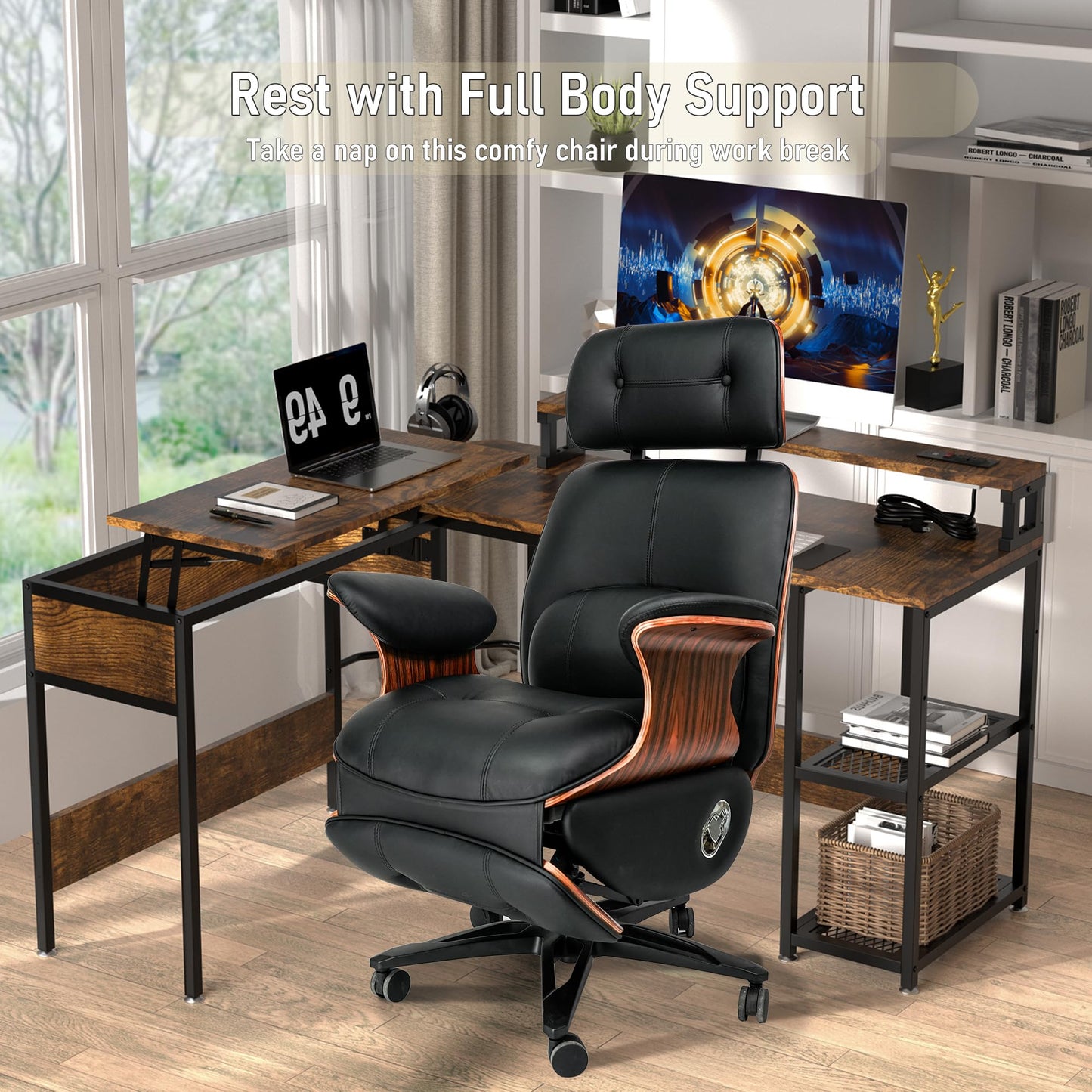 Genuine Leather Office Chair with Electric Reclining, Footrest, Lifting and Massage Function, 350lbs Capacity Ergonomic Executive Chair with Alu Base and 360° Wheels for Home Living Room