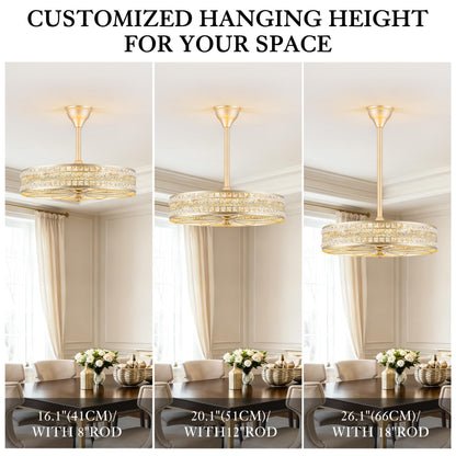 24 Inch Fandelier Ceiling Fan with Light and Remote, Luxury Crystal French Rococo Chandelier Fan, Bladeless Enclosed Caged Pendant Light Fixture for Living Room, Bedroom, Dining Room, Kitchen Island