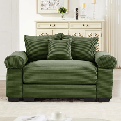KEIKI 54" Oversized Corduroy Modular Sectional Single Sofa with High-Density Foam Cushions, Extra-Thick Armrests, Upholstered Modern 1-Seater Lounge Accent Chair with 3 Pillow, for Living Room, Green