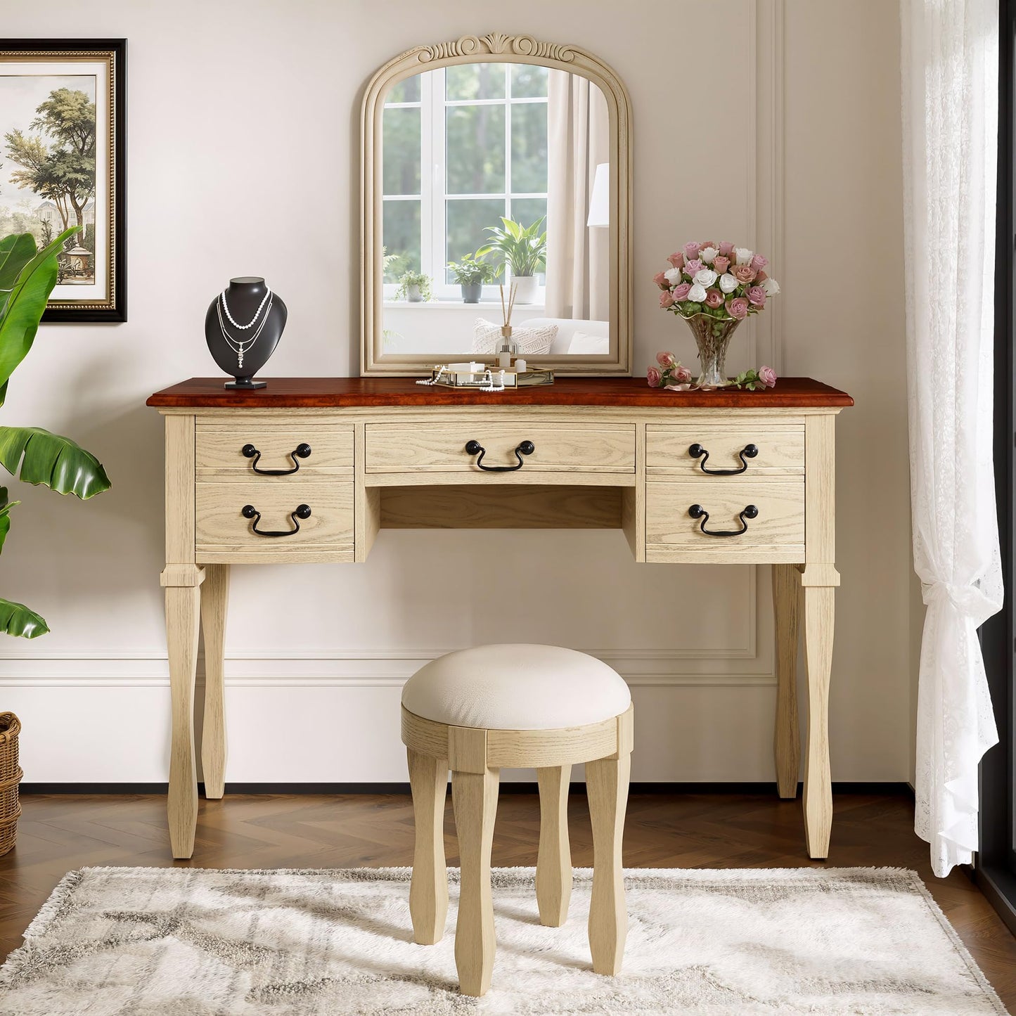 Merax 46" Vintage Makeup Vanity with Curved Flower Frame Mirror, Elegant Dressing Table with 5 Drawers and Leather Stool, Vanity Desk with Solid Wood Legs and Antique Handles for Bedroom