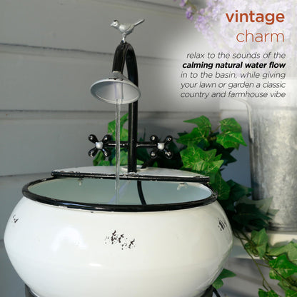 Alpine Corporation YHL170 32” Indoor/Outdoor Antique Metal Sink Water Fountain with Stand – Charming Waterfall Feature for Garden, Patio & Home Decor, White