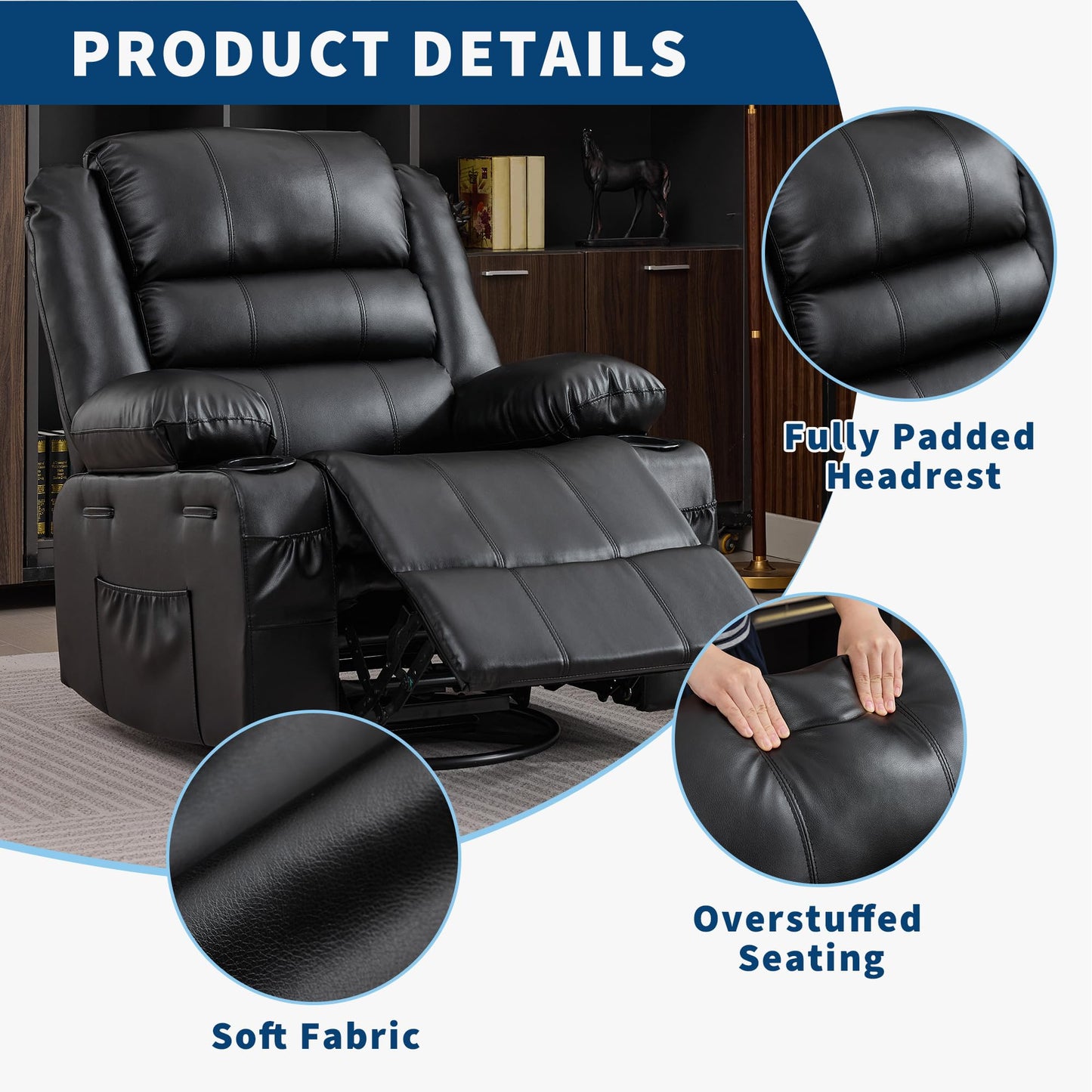 Rocker Recliner Chair for Adults Manual 360° Swivel Single Sofa Seat Glider Chair with 3 Positions 2 Side Pockets Cup Holders PU Fabric for Living Room Nursery Office