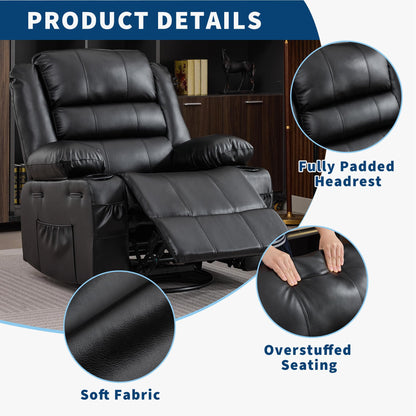 Rocker Recliner Chair for Adults Manual 360° Swivel Single Sofa Seat Glider Chair with 3 Positions 2 Side Pockets Cup Holders PU Fabric for Living Room Nursery Office